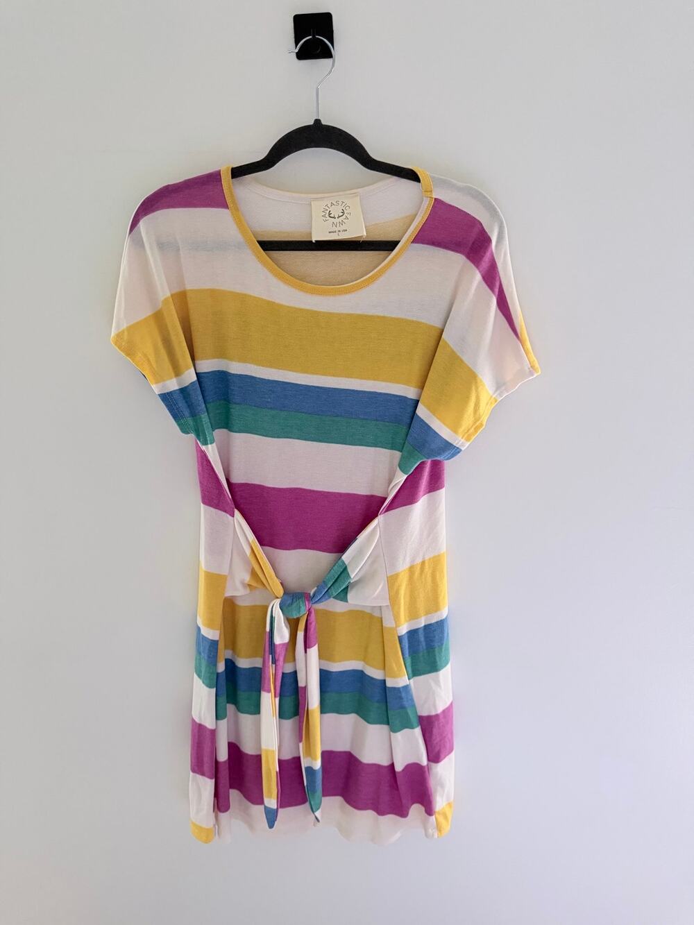 Fantastic Fawn Rainbow Multicolor Striped Soft Tie-Front T-Shirt Dress-Size L
